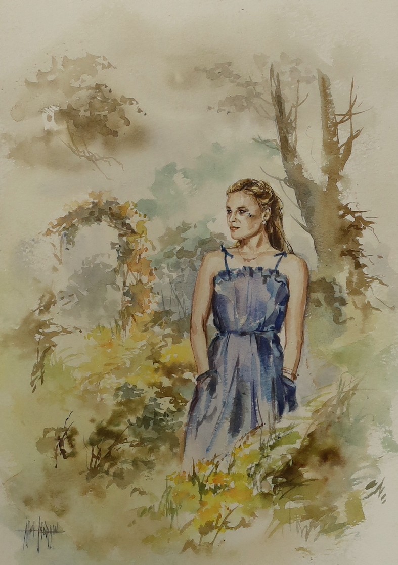 Victorian School, two oils; a mountainous landscape, a subject view of ruins amongst a river, together with two watercolours; a standing female in gaze, and a woodland walk. Largest 24 x 34cm